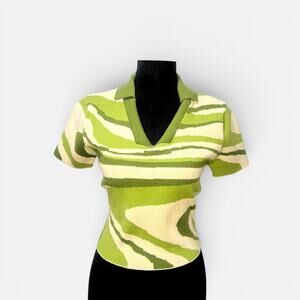 Y2K Retro Green Swirl Knit Polo Abstract Short Sleeve Top Medium